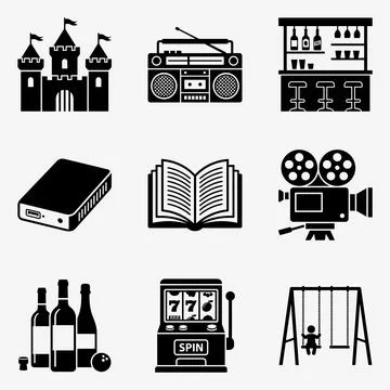 Collection of nine black flat icons representing a castle, boombox, bar, ex.. Stock Illustration
