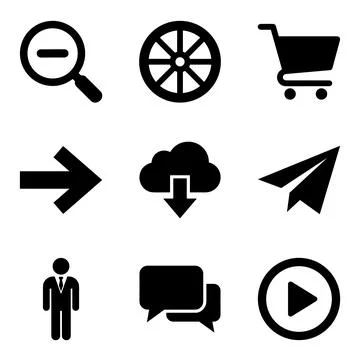 Collection of nine black flat icons on a white background including zoom ou.. Stock Illustration
