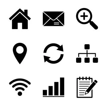 Collection of nine black simple flat icons including home, envelope, zoom i.. Illustrazione stock