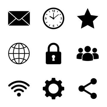 Collection of nine black simple vector icons including envelope, clock, sta.. Illustrazione stock