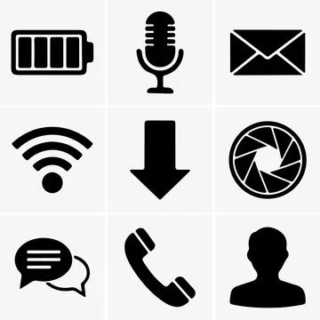 Collection of nine black vector glyphs arranged in a square. Icons include a Stock Illustration