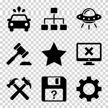 Collection of nine black vector icons including police car, flowchart, UFO,.. Stock Illustration