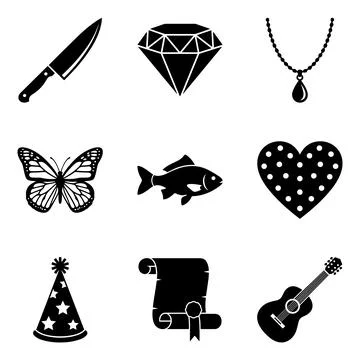 Collection of nine black vector icons including a knife, diamond, necklace,.. Stock Illustration