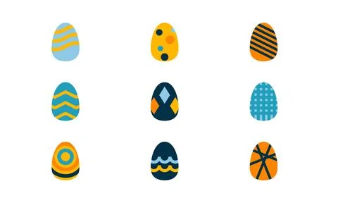 Collection of nine colorful decorated easter eggs with various patterns on .. Ilustração Stock