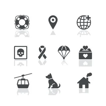 Collection of nine dark gray flat icons with reflections on white backgroun.. Ilustração Stock