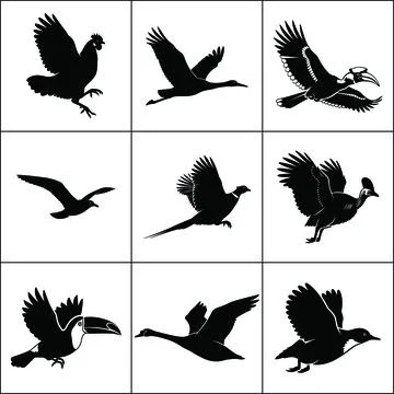 A collection of nine different black arrow symbols arranged in a grid on a white Stock Illustration