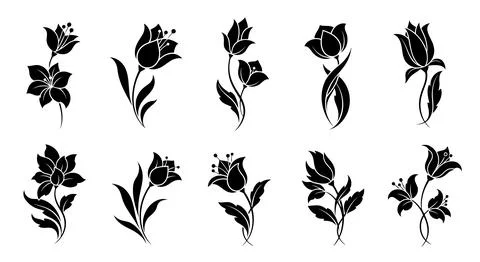 A collection of nine different black flower silhouettes Stock Illustration