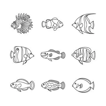 Collection of nine different fish in various swimming positions and styles Stock Illustration