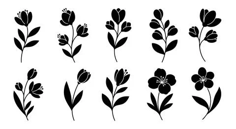 A collection of nine different flower silhouettes Stock Illustration