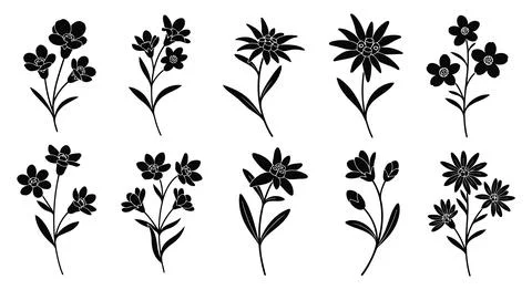 A collection of nine different flower silhouettes Stock Illustration