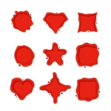 Collection of nine different red wax seal shapes including circle, square, star 스톡 일러스트