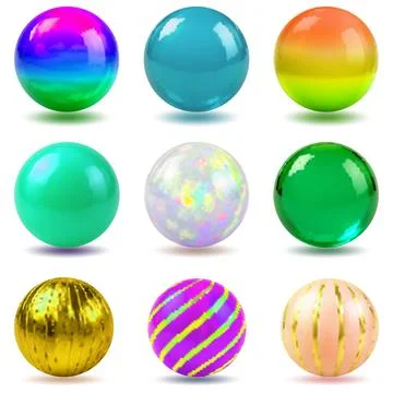A collection of nine distinct 3D spheres featuring metallic, iridescent, stri Illustrazione stock