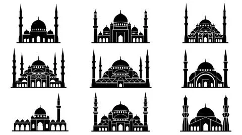 Collection of nine distinct mosque silhouettes for architectural design Stock Illustration