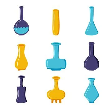 Collection of nine empty magic flasks of various shapes Illustrazione stock