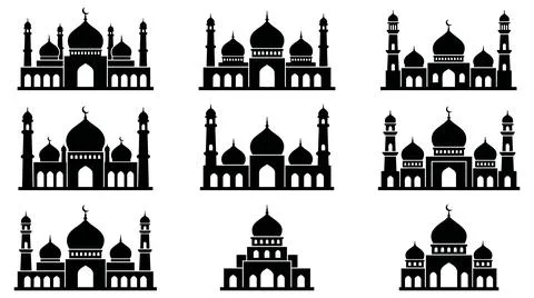Collection nine flat black mosque silhouettes architectural design elements Stock Illustration