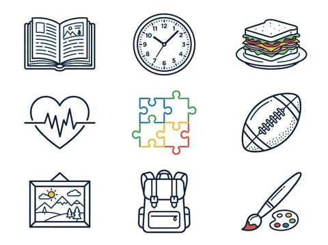 Collection of nine flat design icons representing education, health, food, .. Stock Illustration