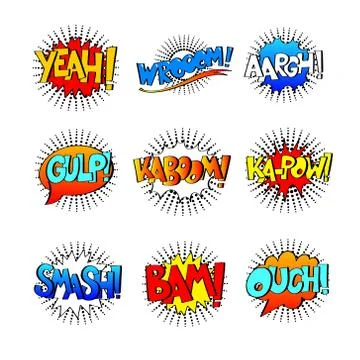 Collection of nine multicolored comic sound effects in pop art s Stock Illustration