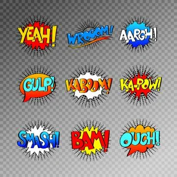 Collection of nine multicolored comic sound effects in pop art s Stock Illustration