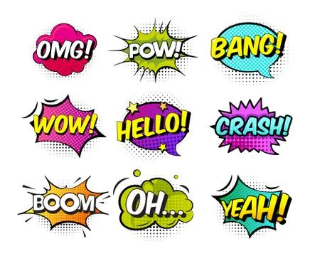 Collection of nine multicolored comic sound Effects. Comic sound effects in pop Stock Illustration