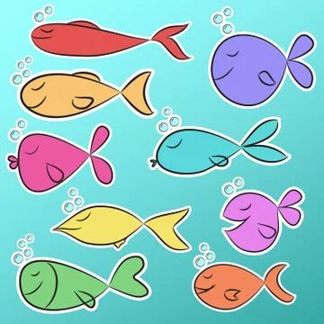 Collection of nine ready to use bright stickers with cute colorful fishes. Stock Illustration