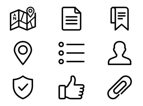 Collection of nine simple black outline icons for web and app design, inclu.. Stock Illustration
