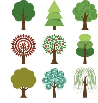 Collection of Nine Stylized Tree Illustrations. Stock Illustration
