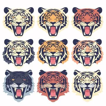 Collection nine tiger faces, showcasing different styles colors, tiger exhibits Illustrazione stock