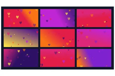 A collection of nine vibrant gradient backgrounds featuring scattered heart.. Ilustração Stock