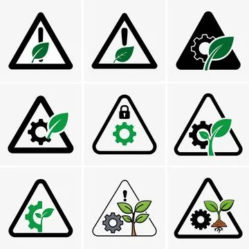 Collection of nine warning triangles, each containing a plant element alongsi Stock Illustration
