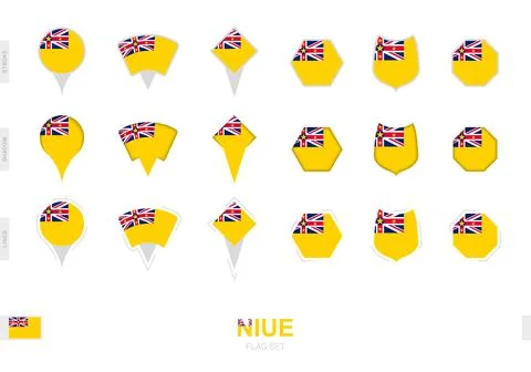 Collection of the Niue flag in different shapes and with three different ef.. Ilustração Stock