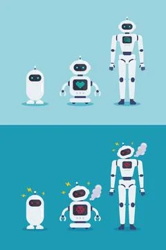 Collection of normal robots and crash broken error robots. Stock Illustration