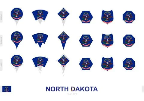 Collection of the North Dakota flag in different shapes and with three diff.. Stock Illustration