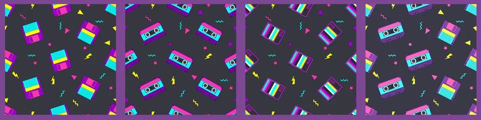 A collection of nostalgic patterns in the style of the 90s. Seamless patterns Illustrazione stock