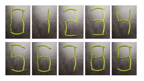 Collection of the numbers zero to nine in digital digits laid out by green be 스톡 사진
