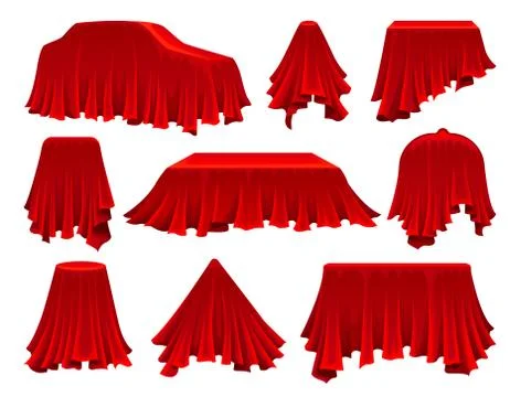 Collection of objects hidden under red cloth. Stock Illustration