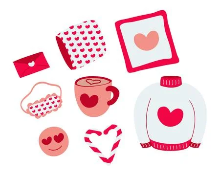 Collection of objects for Valentine's Day, February 14th. Love, heart shape.. Stock-Illustration
