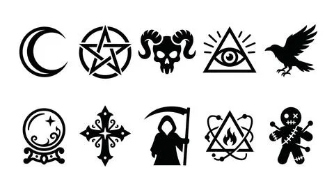 Collection of occult magic and mystical black symbols for esoteric design p.. Illustrazione stock