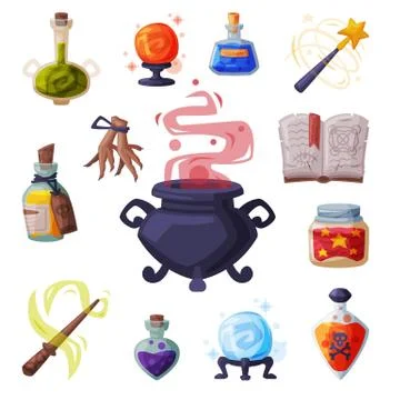 Collection of Occult Magic Objects for Mystic Rituals, Witchcraft Equipment Stock Illustration