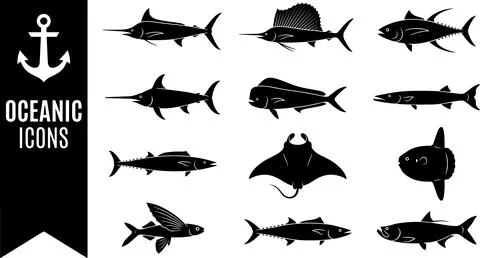 Collection of Oceanic Icons Featuring Diverse Marine Life Silhouettes. Stock Illustration