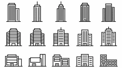 Collection of office building and skyscraper architecture icons with building Stock Illustration