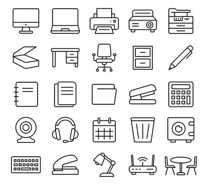 Collection of Office Essentials Icons Including Computer, Furniture and Tools 스톡 일러스트