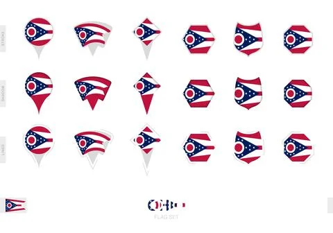 Collection of the Ohio flag in different shapes and with three different ef.. Illustrazione stock