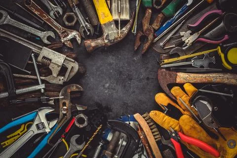 Collection of old and worn work tools with blank copy space for text. Home .. Stock Photos