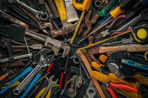 Collection of old and worn work tools. Home improvement, Father's day, or L.. Stock Photos