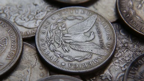 Collection of old coins Dollars Stock Footage 82572603