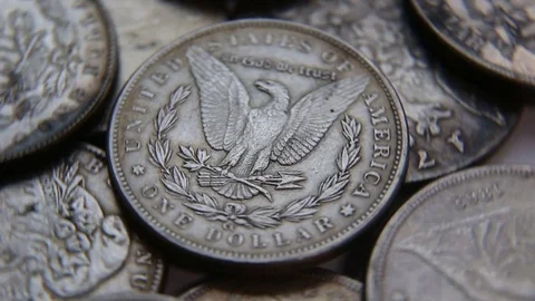 Collection of old coins Dollars Stock Footage 82572693