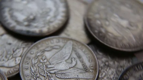 Collection of old coins Dollars Stock Footage 82572905
