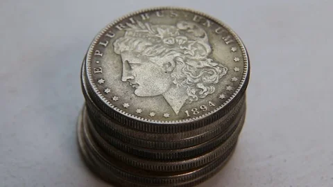 Collection of old coins Dollars Stock Footage 82574919
