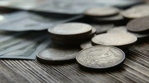 Collection of old coins Dollars Stock Footage 87388814