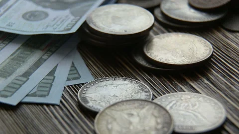 Collection of old coins Dollars Stock Footage 87388879